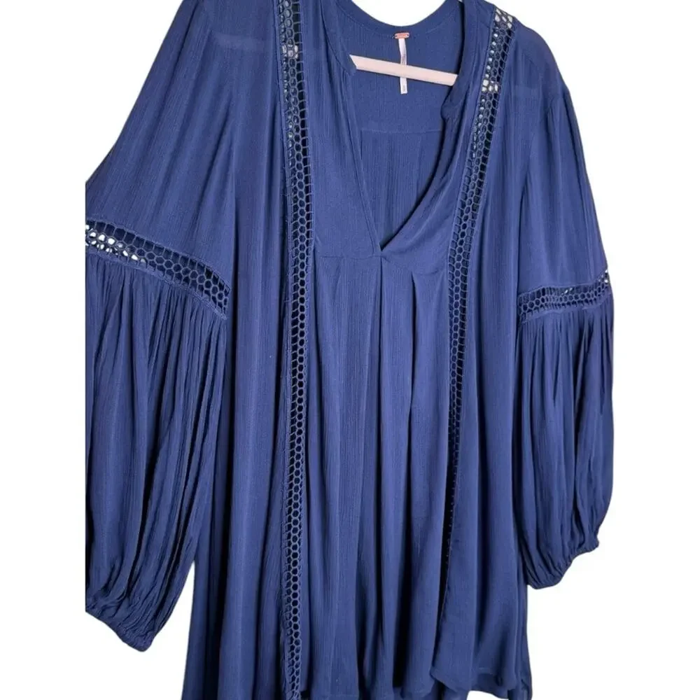 Free People Navy Babydoll Lace Inset Swing Tunic Boho Long Sleeve Dress Sz Small